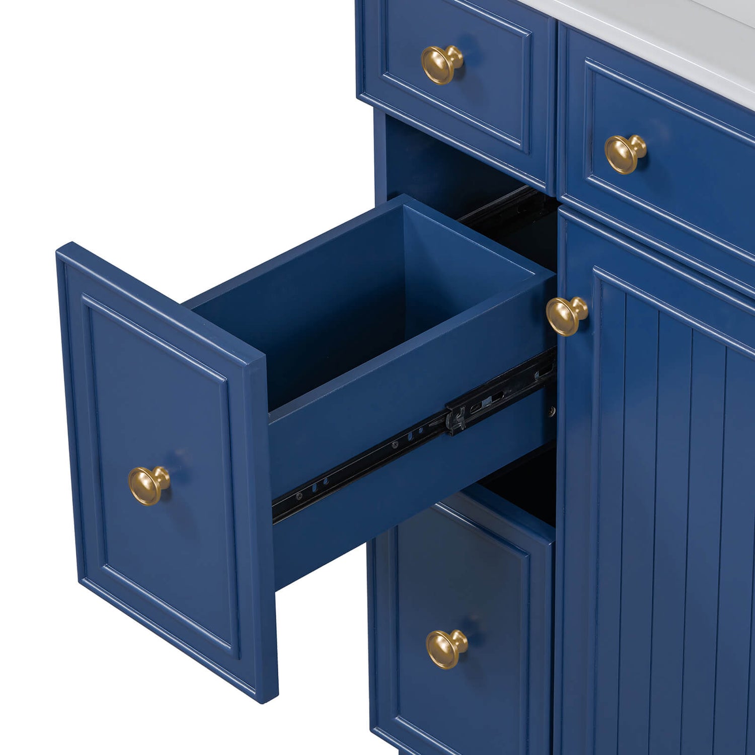 Bathroom vanity with rich navy blue finish and modern design