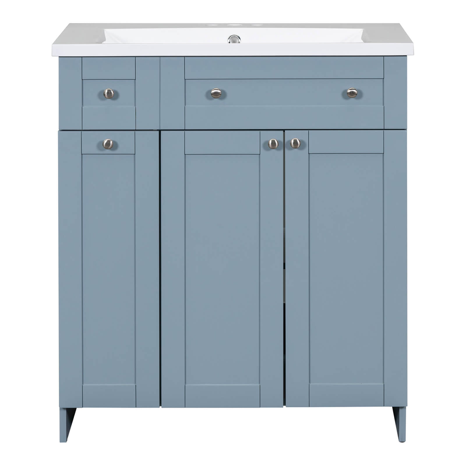 Bathroom vanity with soft-close hinges and integrated storage