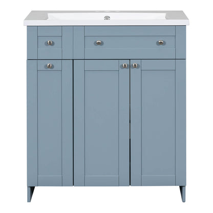 Bathroom vanity with soft-close hinges and integrated storage