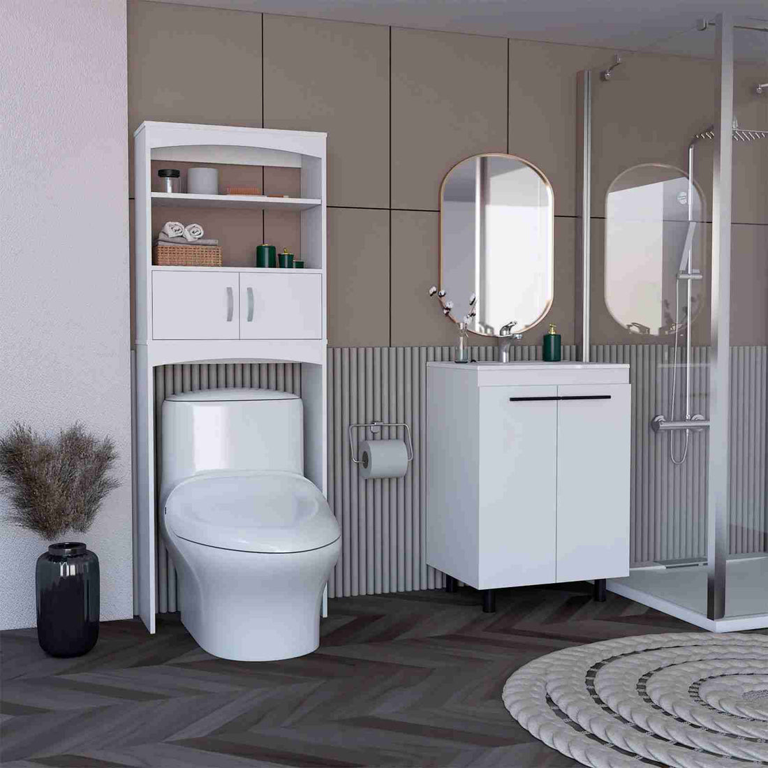 Bathroom two-piece suite, Introducing the Valetta Over-The-Toilet Cabinet &amp; Dustin Free-Standing Sink Cabinet in Elegant White