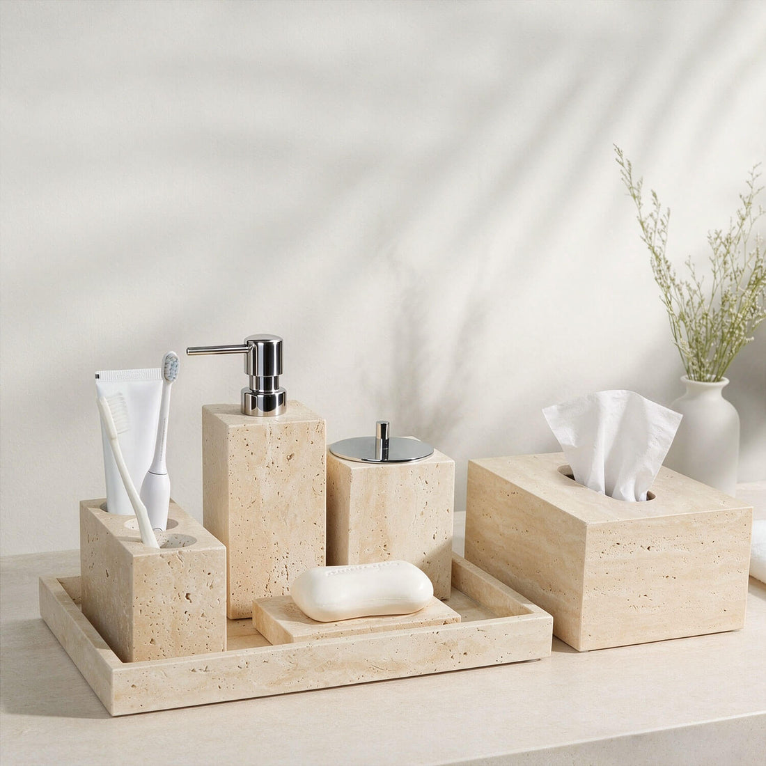 Beige Stone Bathroom Vanity Set with Soap Dish and Toothbrush Holder