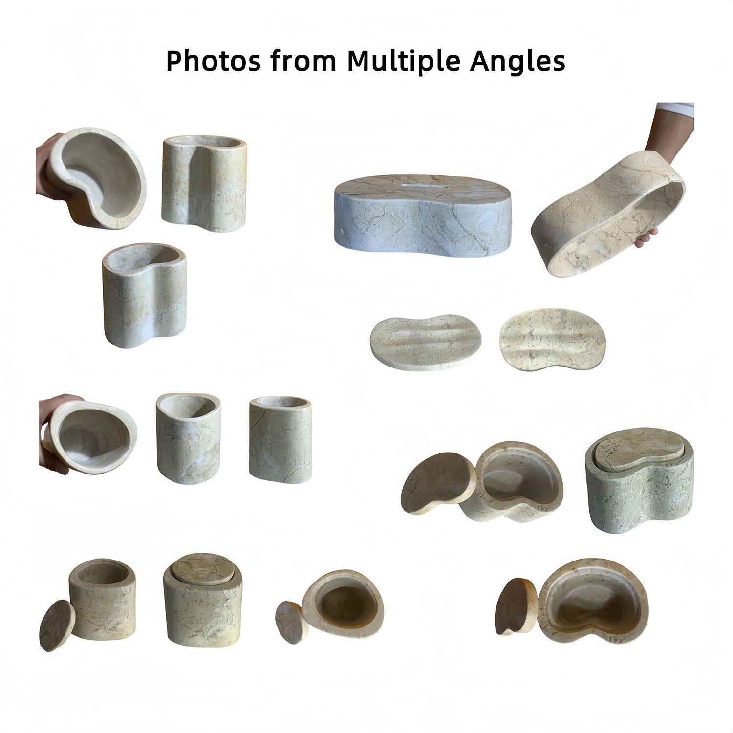 Beige marble bathroom accessories set photos from multiple angles