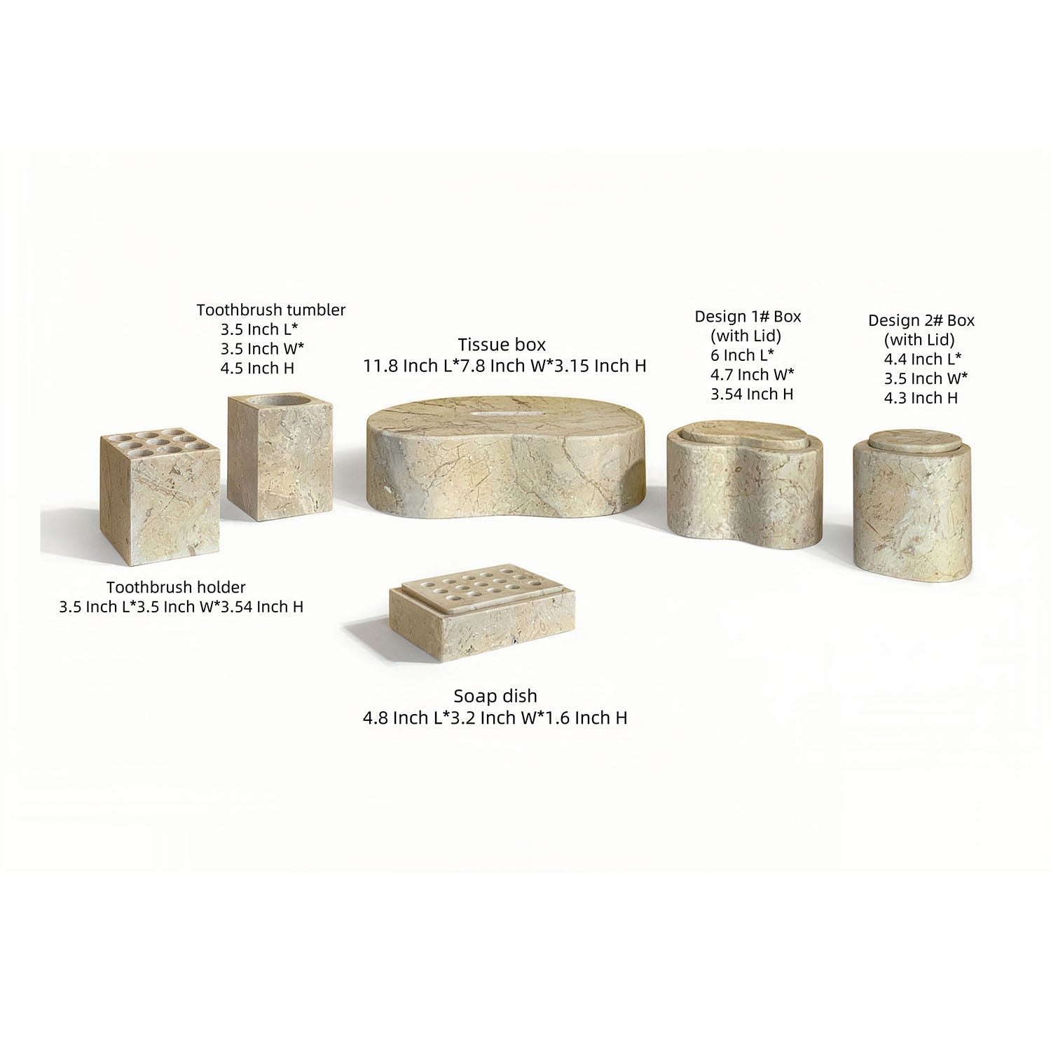 Beige stone bathroom accessories set dimension