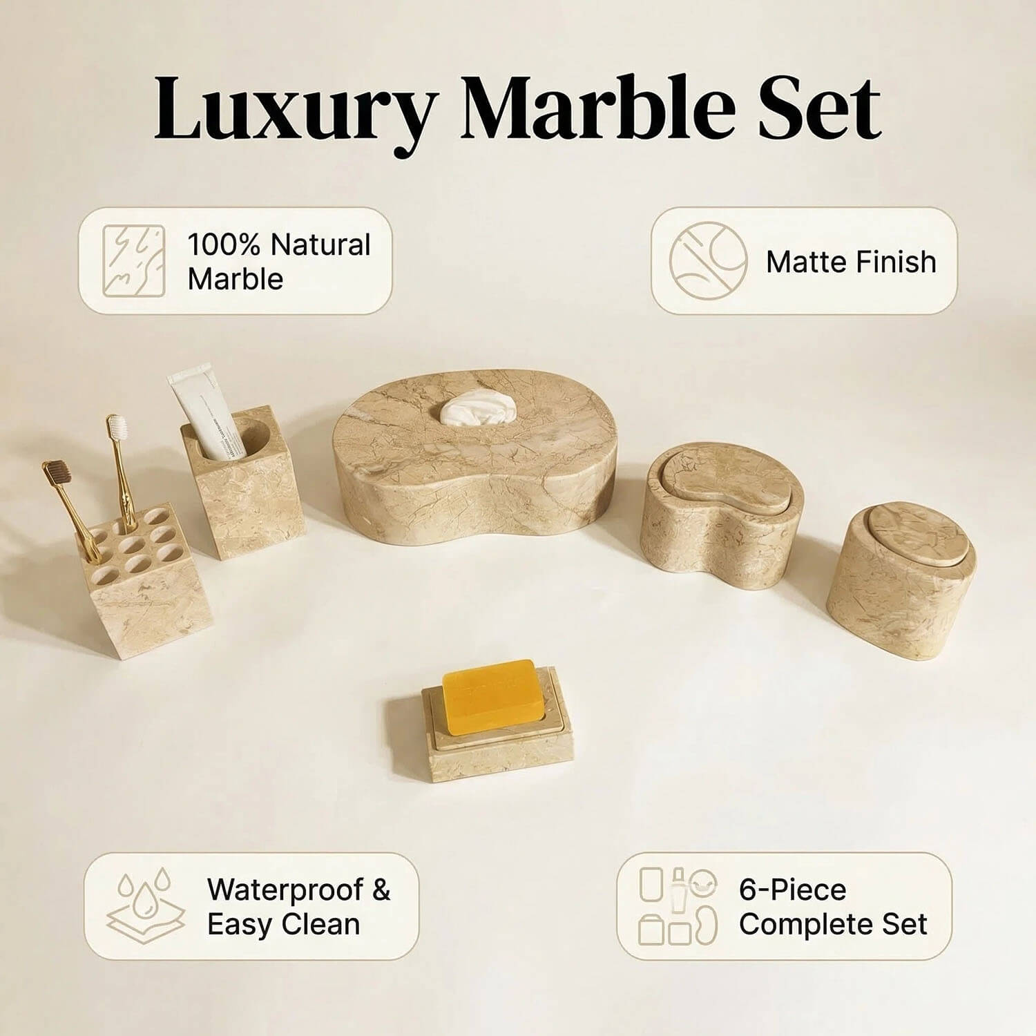 Beige stone bathroom accessories set for modern luxury bathroom decor