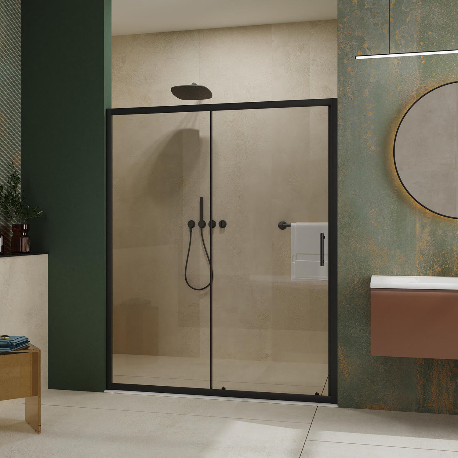 Black framed sliding shower door with stainless steel handle