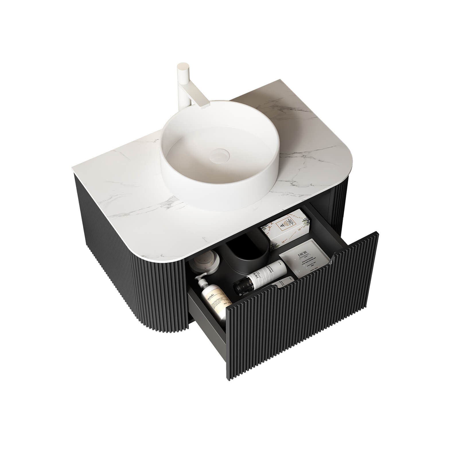 Black single sink vanity with modern fluted panel design