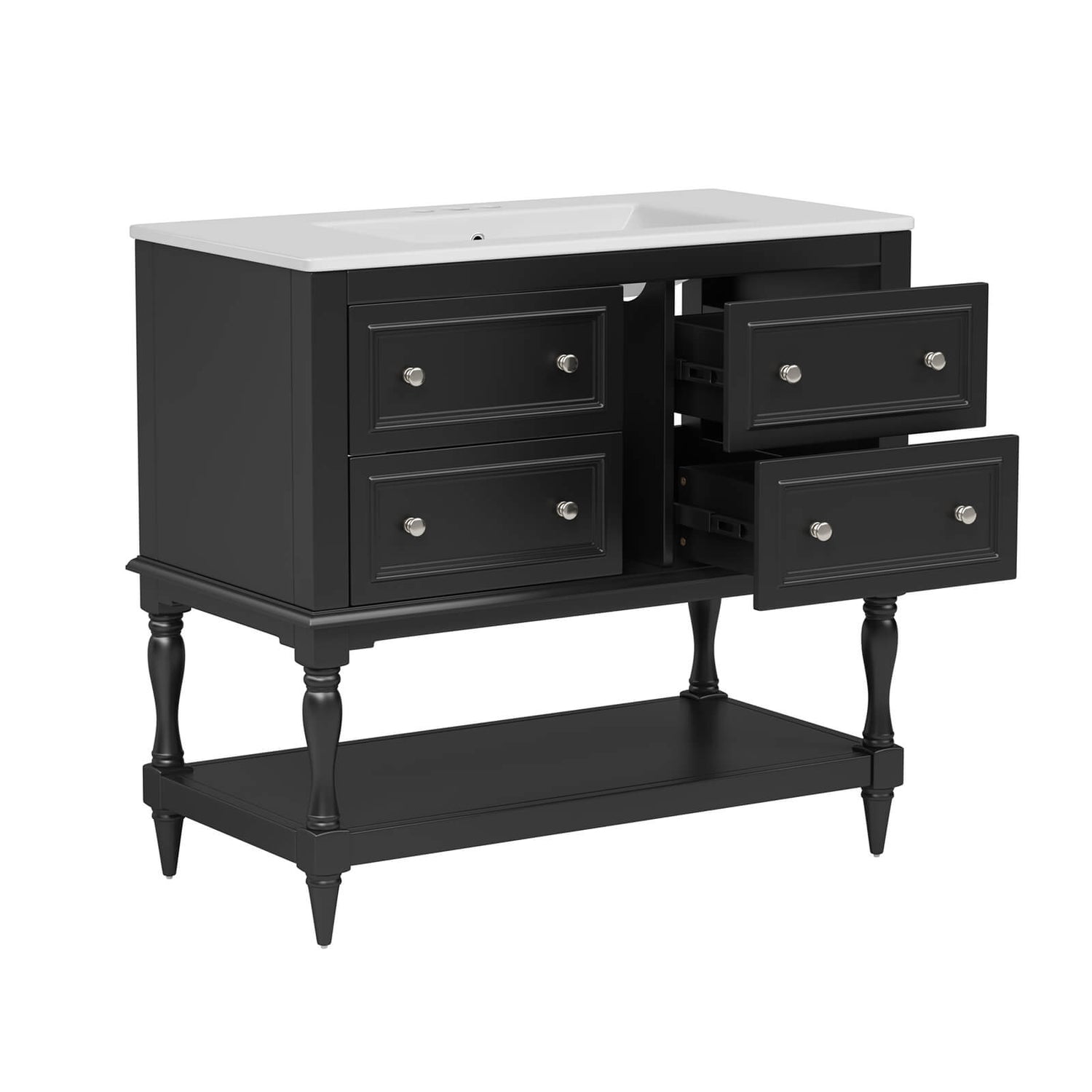 Black vanity with pre drilled holes for 4 inch center faucet installation