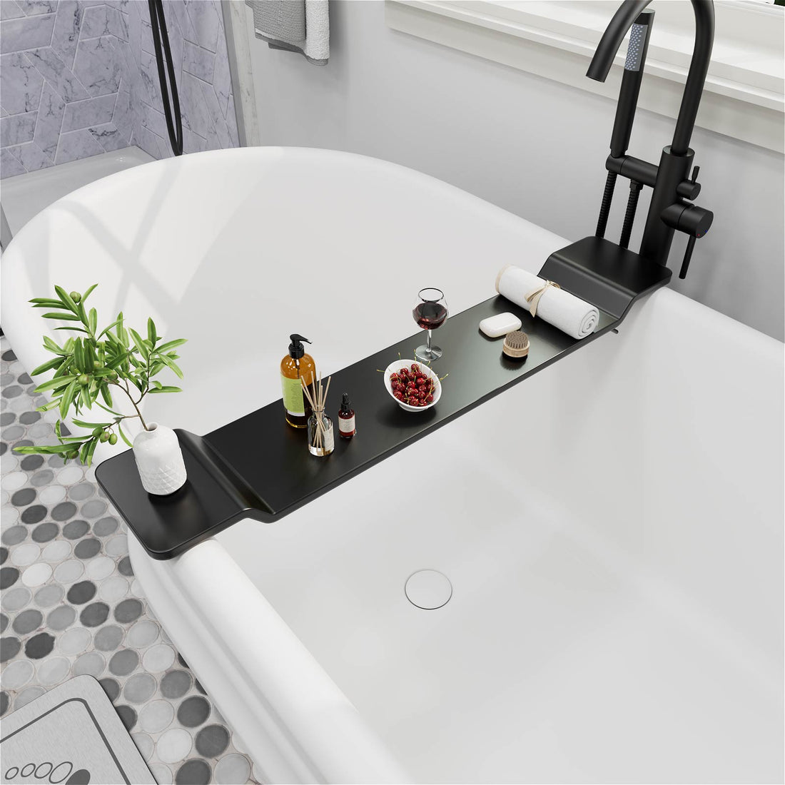 Black Stone Resin Bathtub Caddy Tray for Freestanding Tub