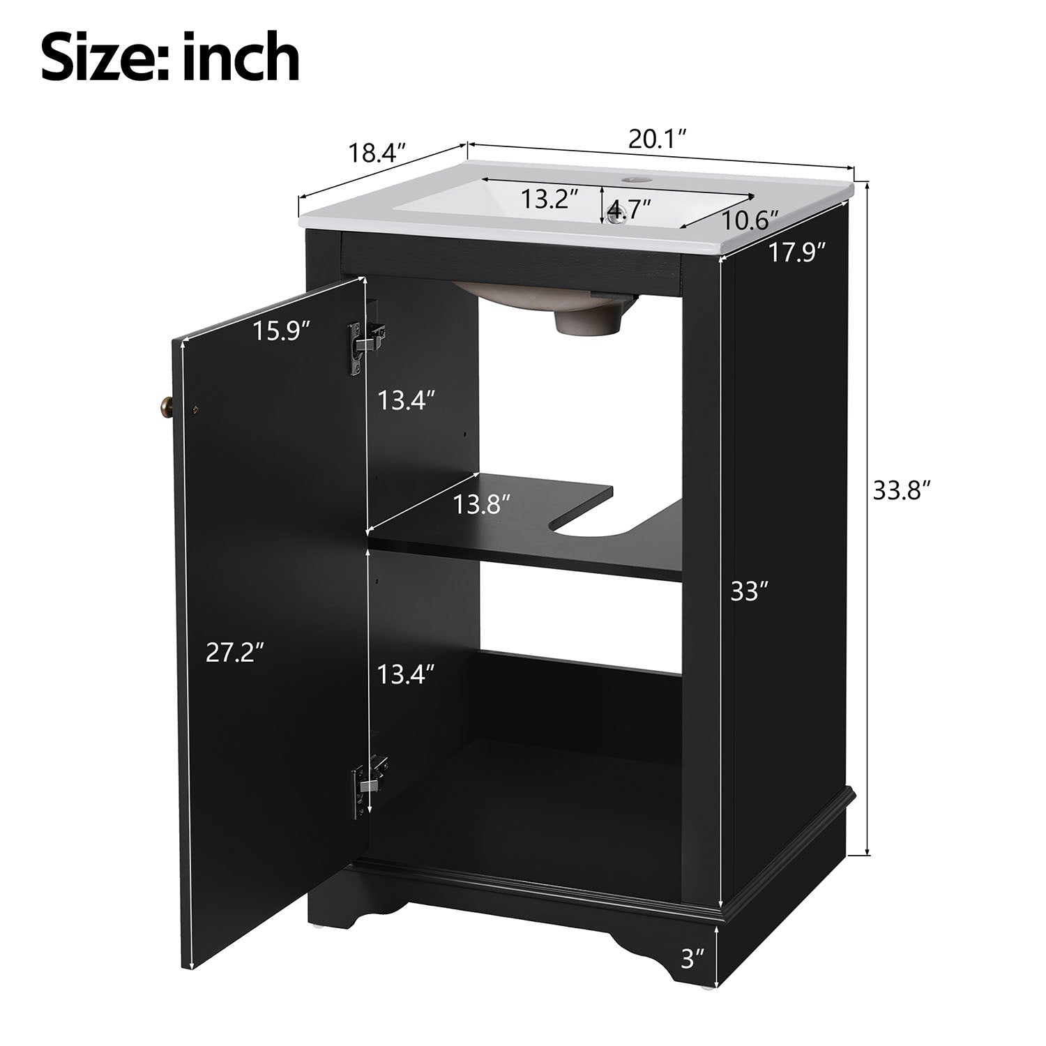 Black 20-inch freestanding bathroom vanity dimensions