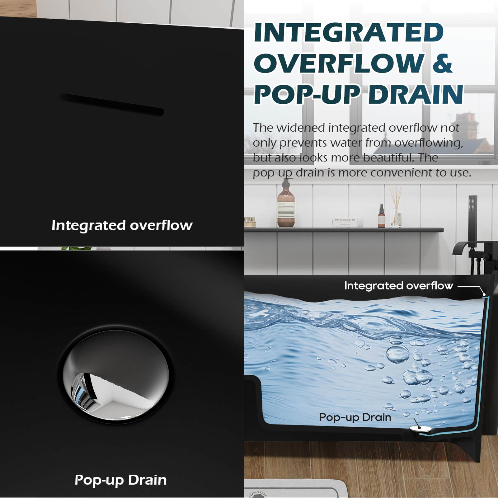 Black 47 Inch Stone Resin Japanese Soaking Tub with Overflow