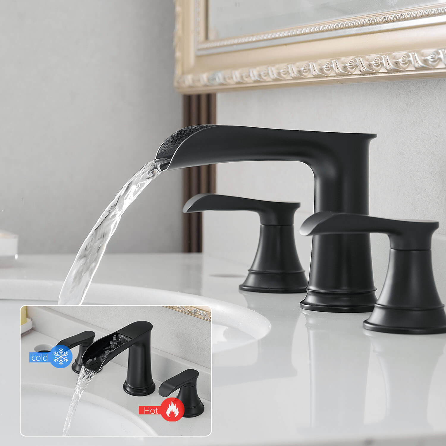 Black 8 Inch Waterfall Bathroom Faucet With 2 Handle and Pop Up Drain-Precise temperature control