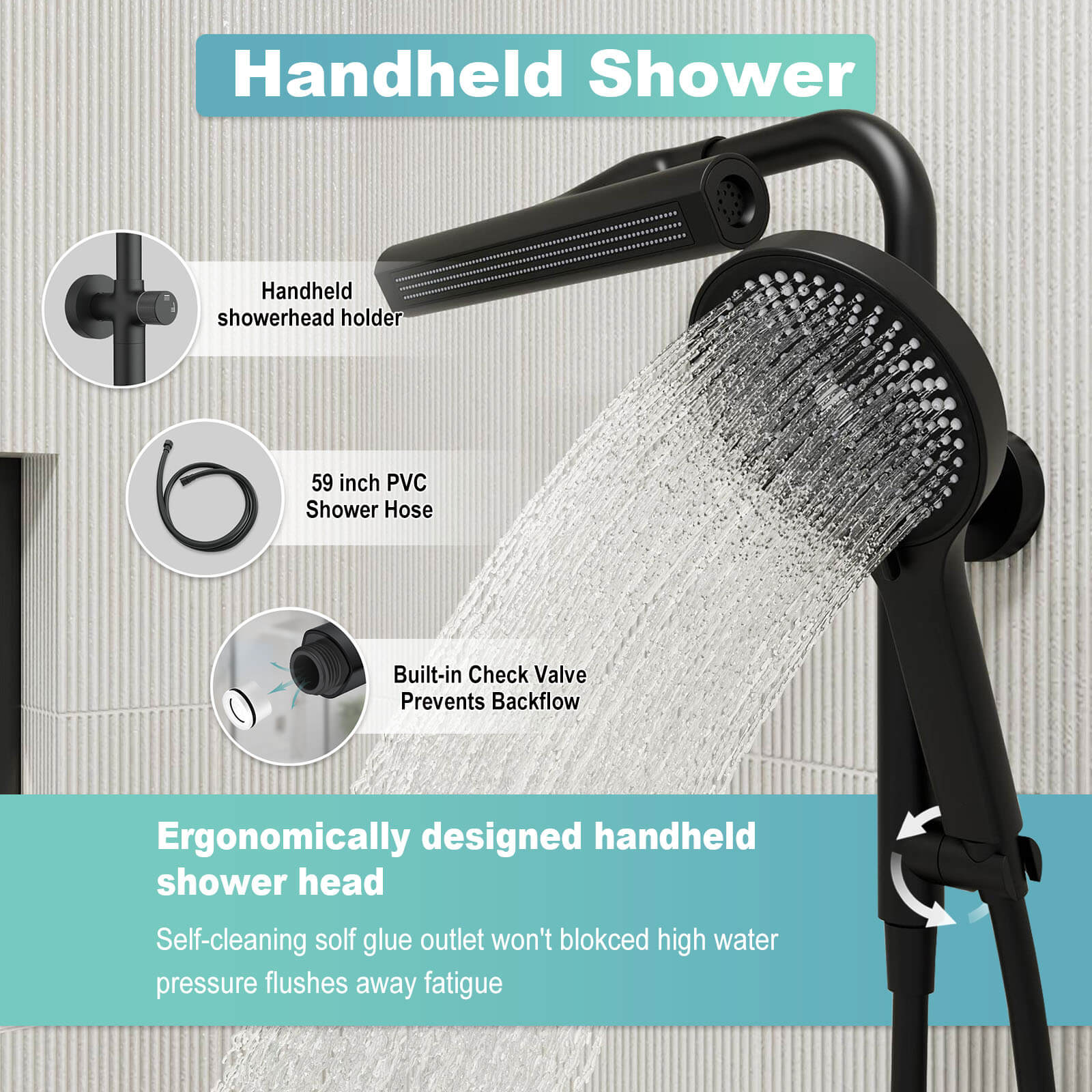 8&quot; Wall Bar Shower Kit with 360° Rotate 3-Spray Cylindrical Shower Head And 6-Spray Handheld