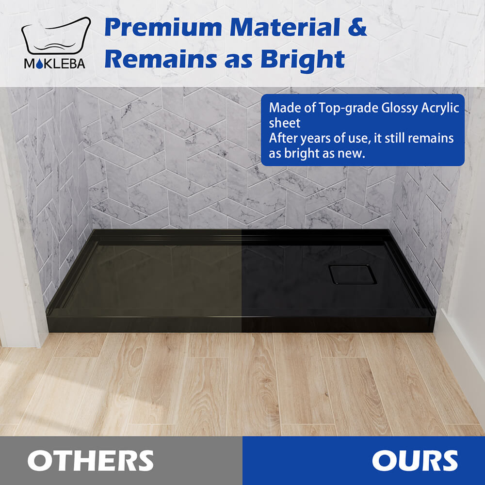 Black acrylic shower base with low-maintenance surface for contemporary bathroom upgrades