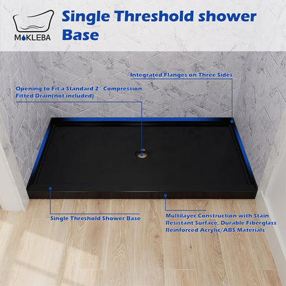 Black acrylic shower pan with mortar-free setup for simplified shower installation