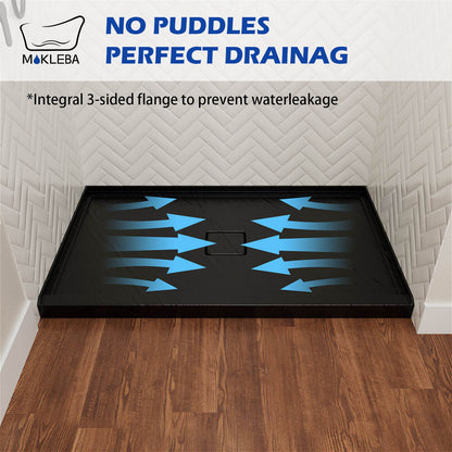 Black center drain shower base with magnetic cover and efficient water flow design