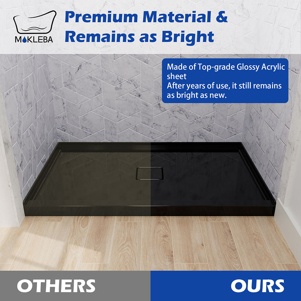 Black center drain shower pan with easy-clean acrylic surface and durable construction