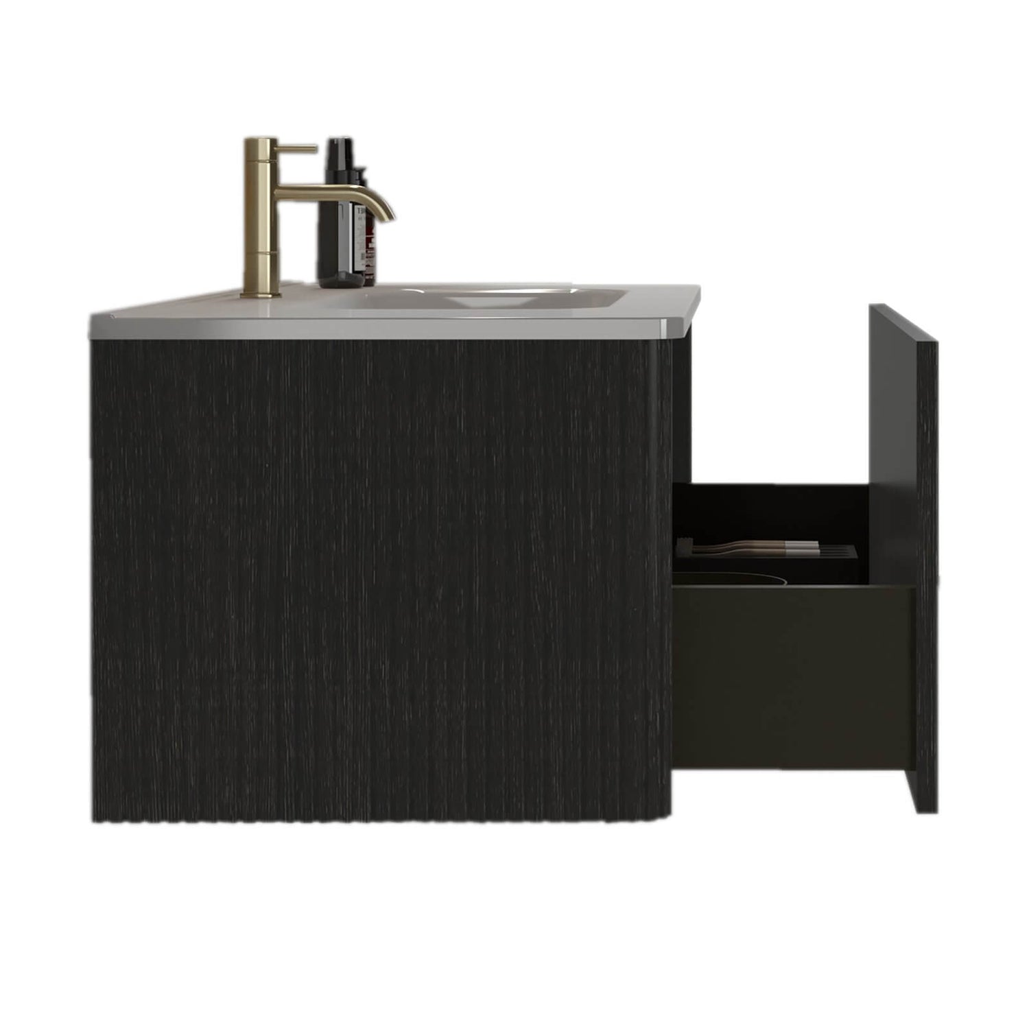 Black floating vanity with drawers and shelf for storage