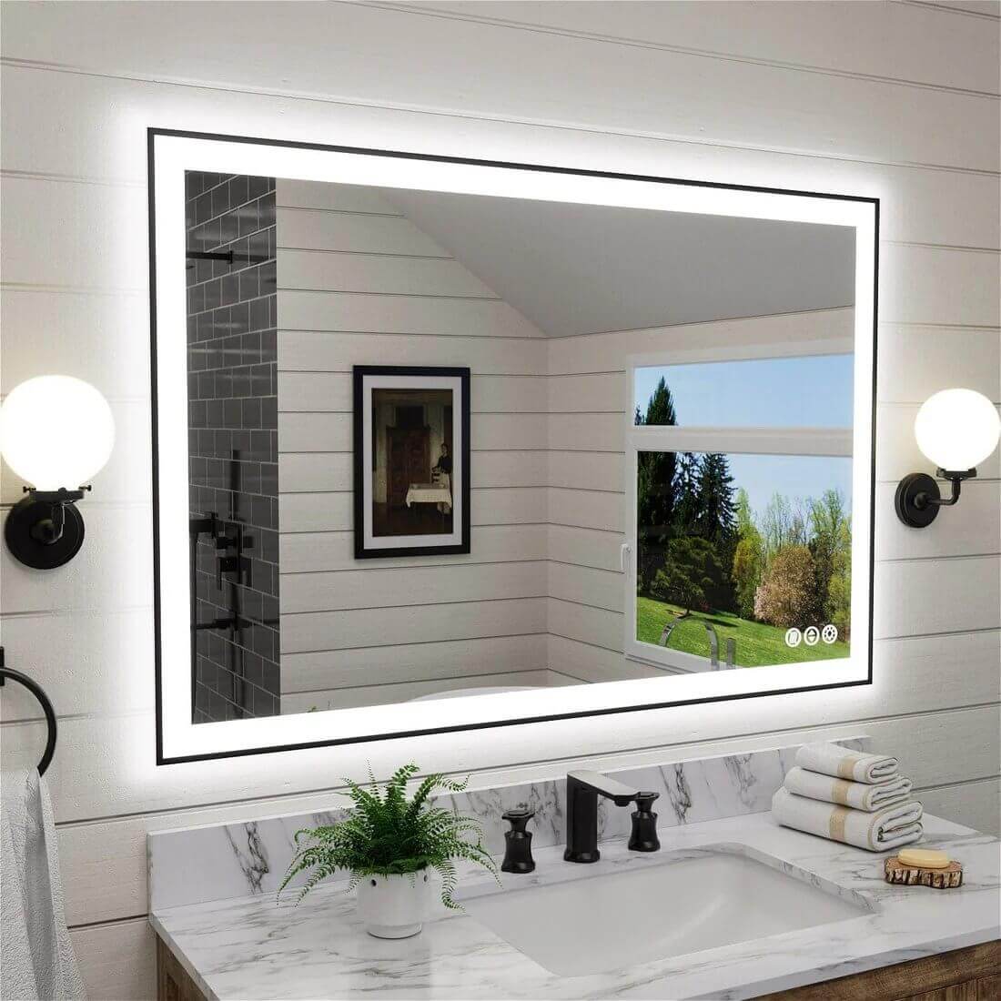 Black frame LED bathroom mirror