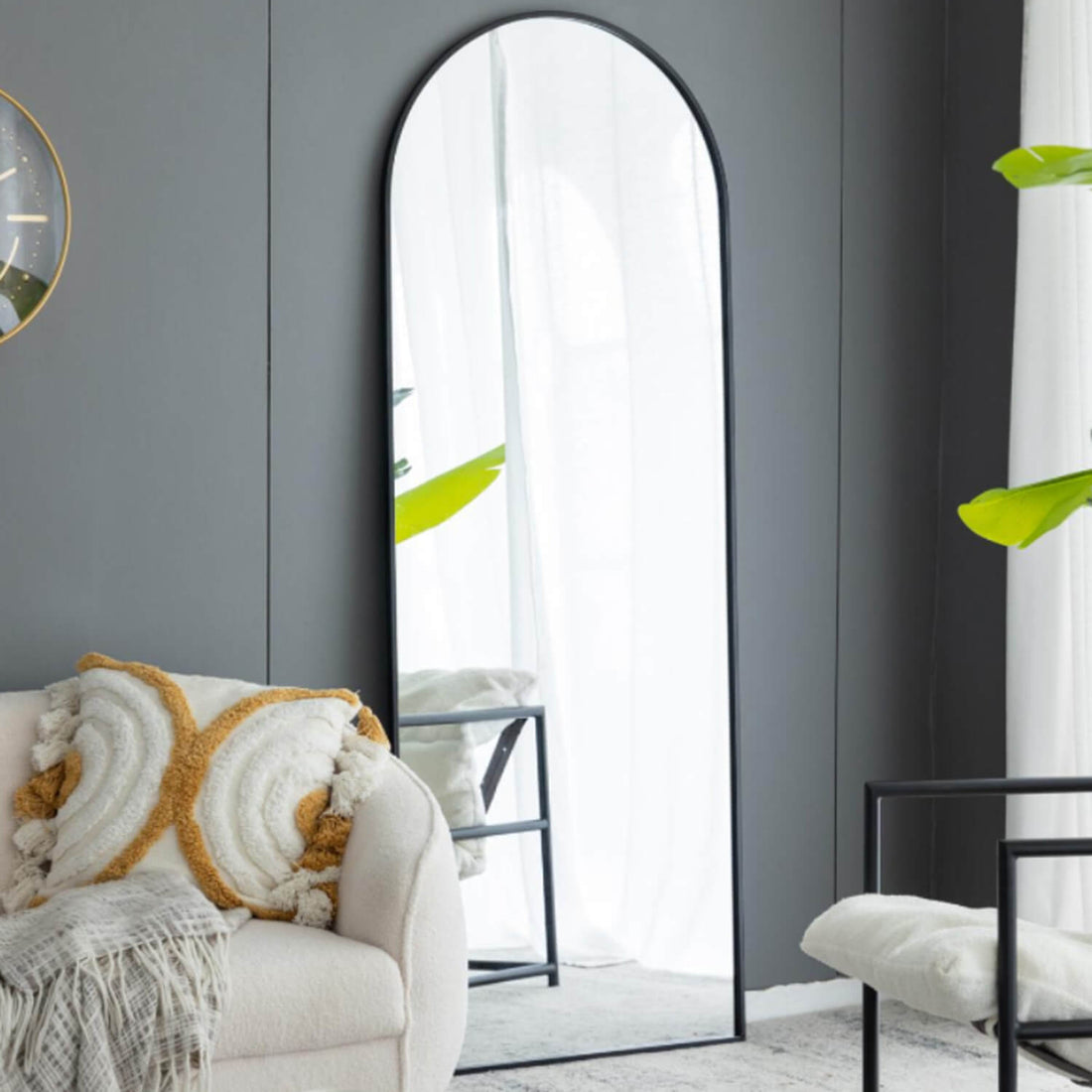 Black framed arched full length mirror for modern living room