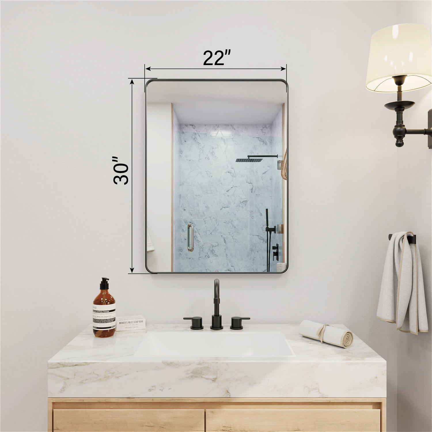 Black framed rectangular bathroom mirror 22x30 dimensions wall mounted