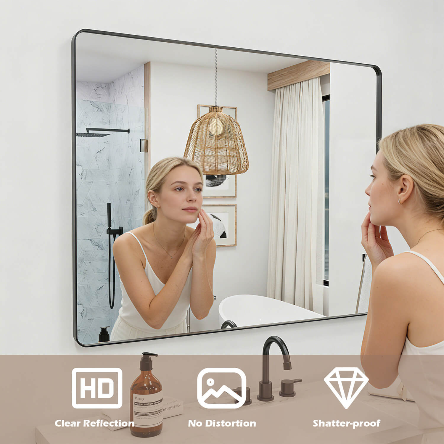 Black framed rectangular bathroom mirror HD clear reflection no distortion shatter-proof