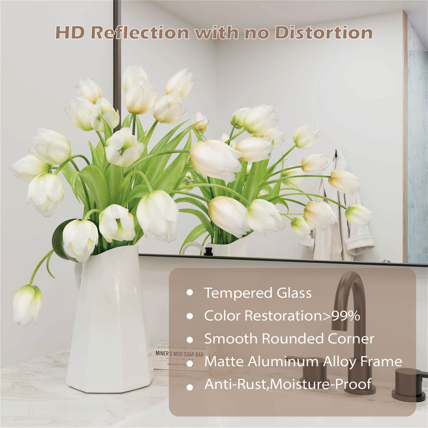 Black framed rectangular bathroom mirror HD reflection tempered glass smooth rounded corner matte alloy frame