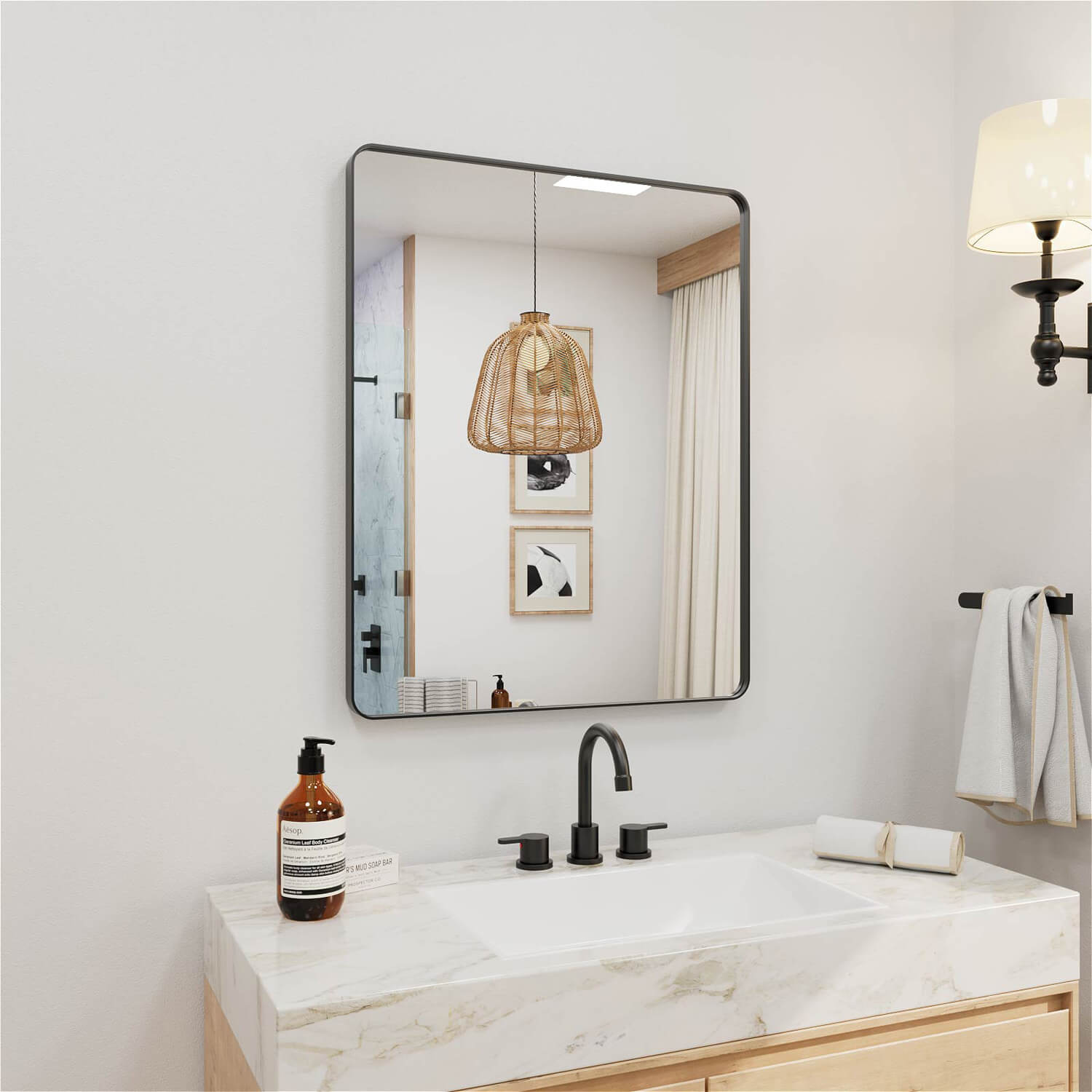 Black framed rectangular bathroom mirror for bathroom vanity