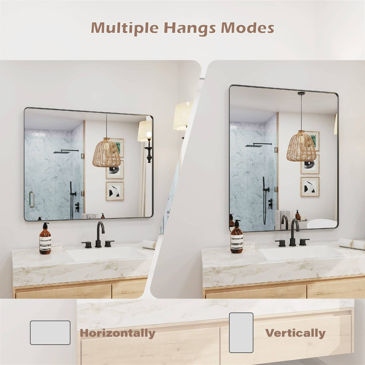 Black framed rectangular bathroom mirror multiple hang modes horizontally or vertically mountable