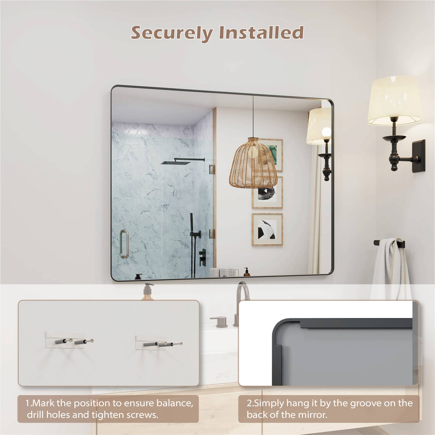 Black framed rectangular bathroom mirror secure installation with back groove mounting