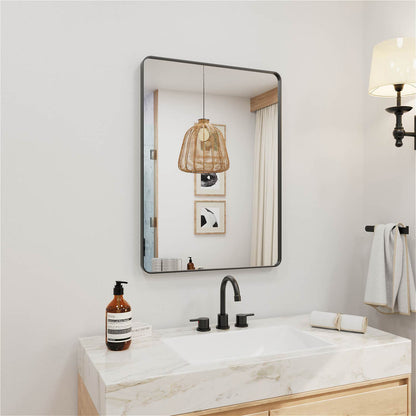 Black framed rectangular bathroom mirror vertical mount clear reflection