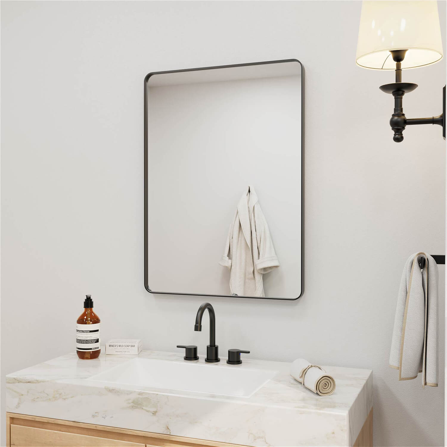 Black framed rectangular bathroom mirror wall mounted blank reflection