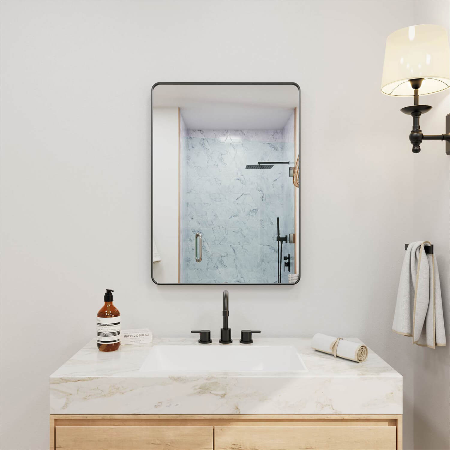 Black framed rectangular bathroom mirror wall mounted clear reflection
