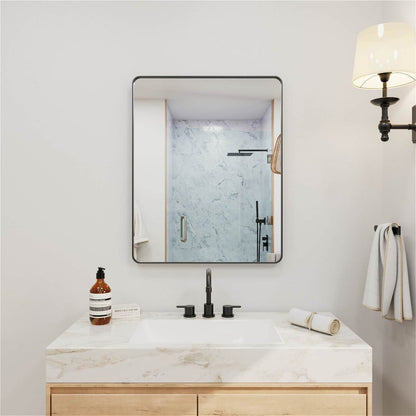 Black framed rectangular bathroom mirror with slim border