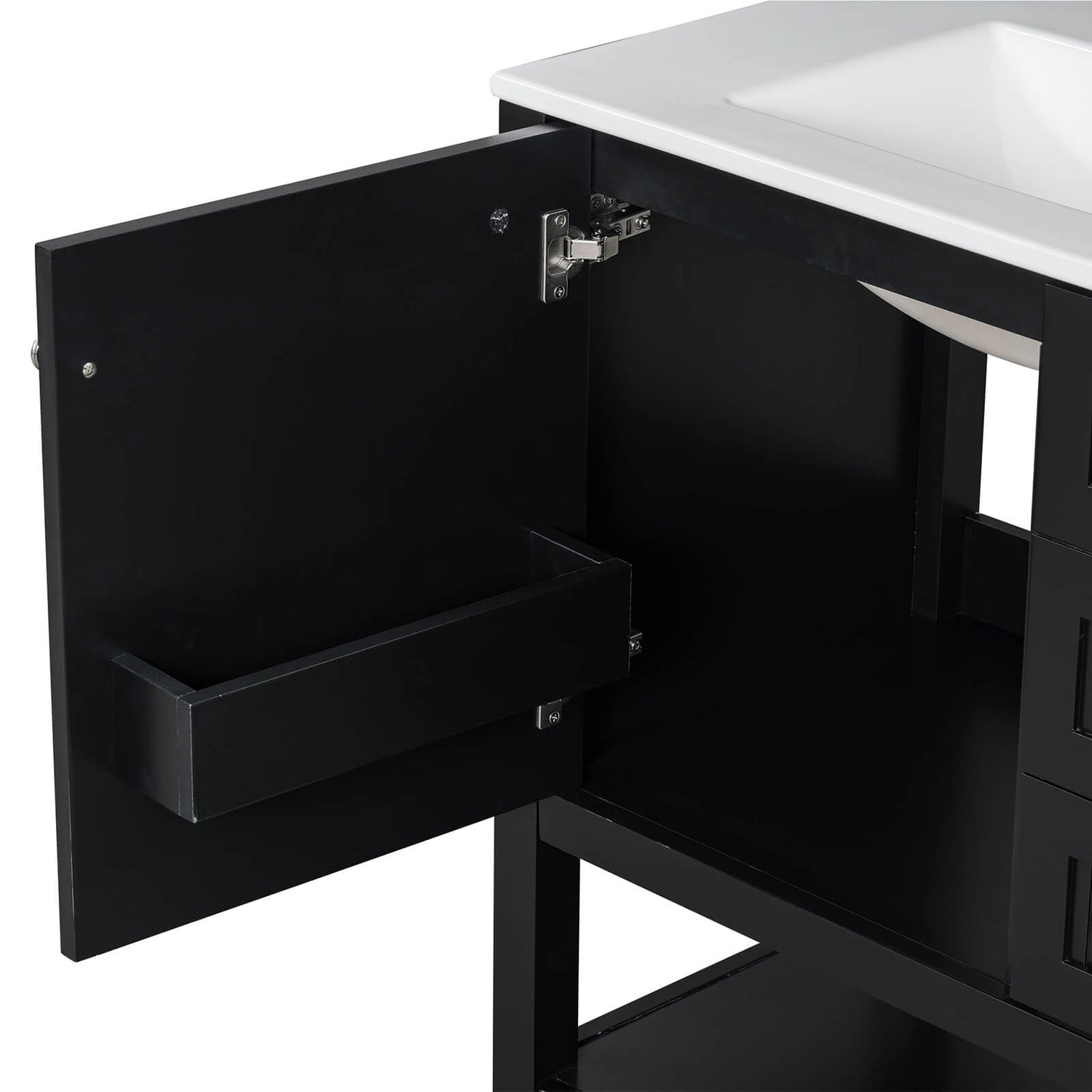 Black freestanding vanity paired with a white ceramic sink