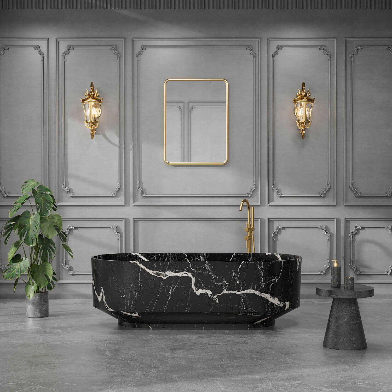 Black marble pattern bathtub with modern luxury aesthetic