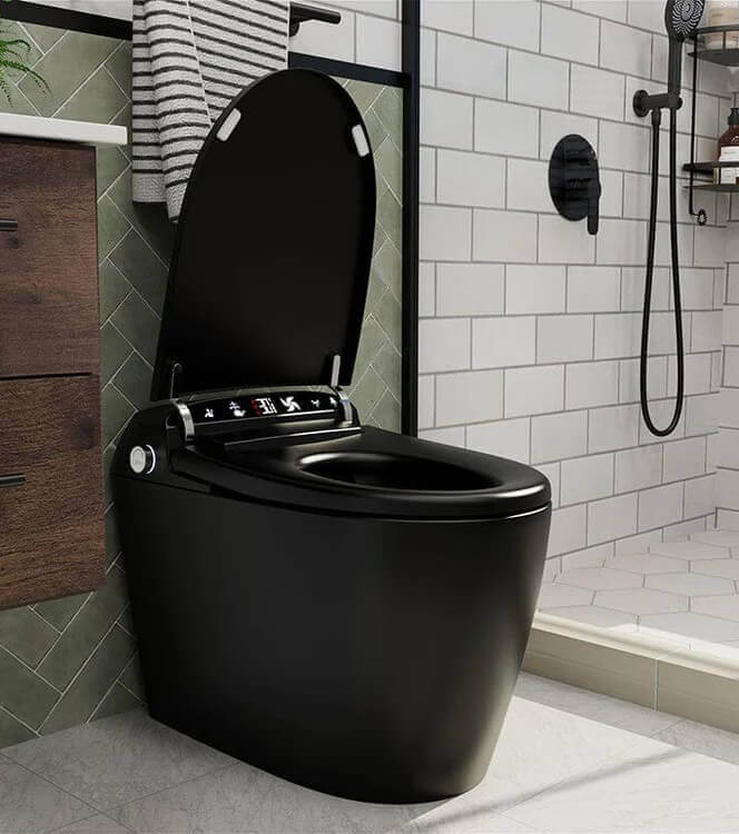 Black round smart toilet with remote control