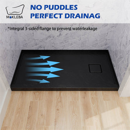 Black shower base featuring 3-sided flange design for water leakage protection