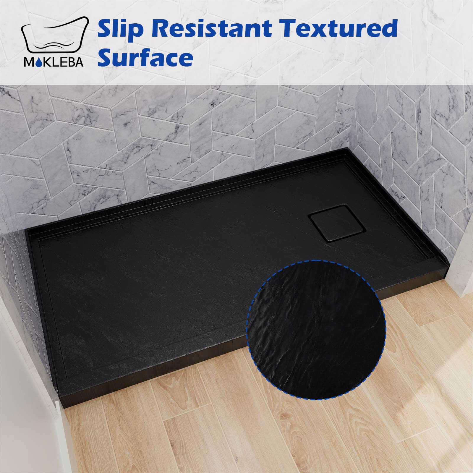 Black shower pan with anti-slip textured surface for improved traction