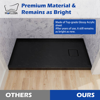 Black shower pan with easy-to-clean surface for low maintenance bathroom use