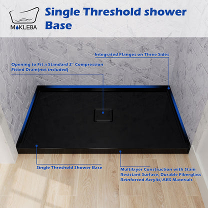 Black single threshold shower pan with reinforced base structure