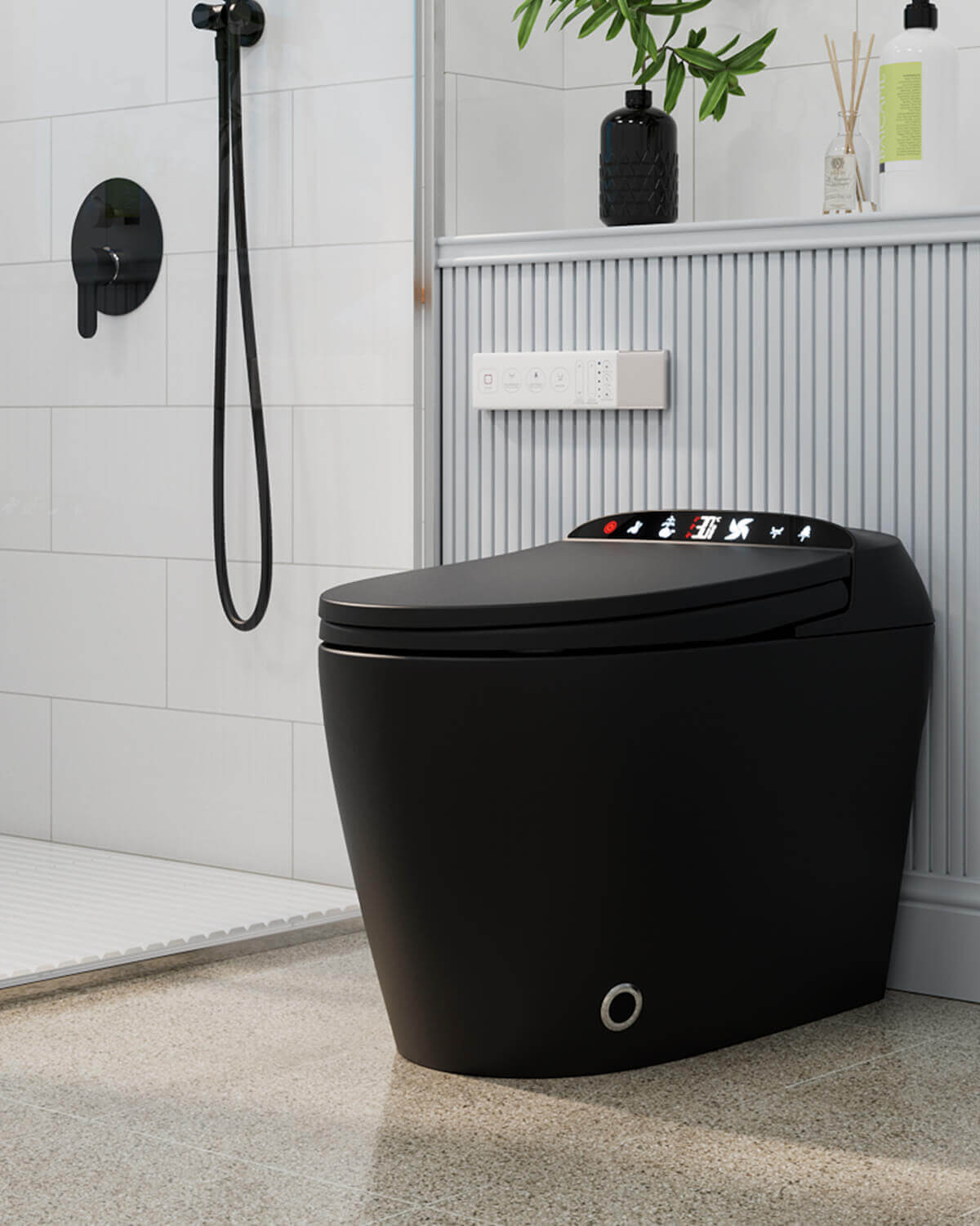Black smart toilet with feminine washing function