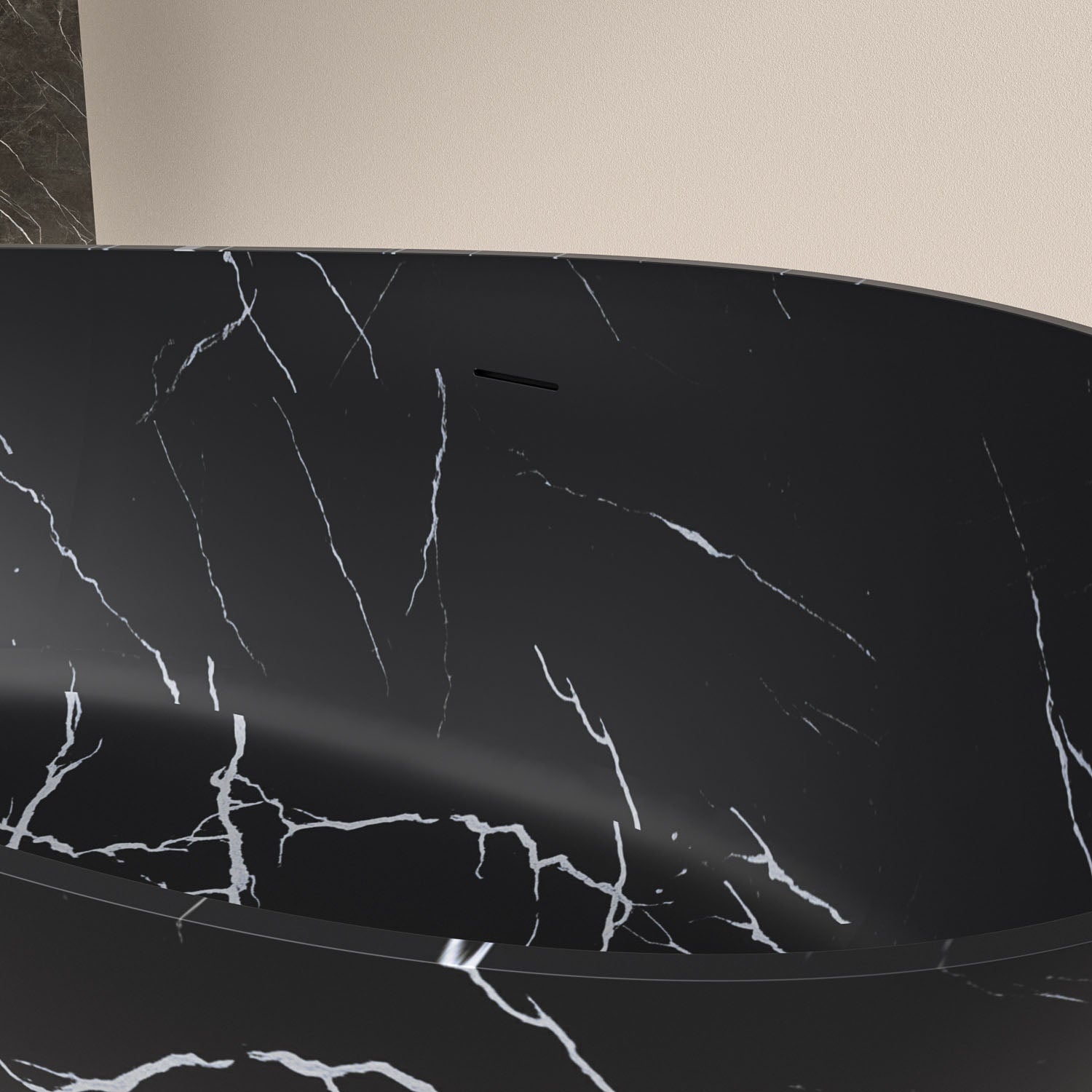 Black solid surface soaking tub with integrated overflow system