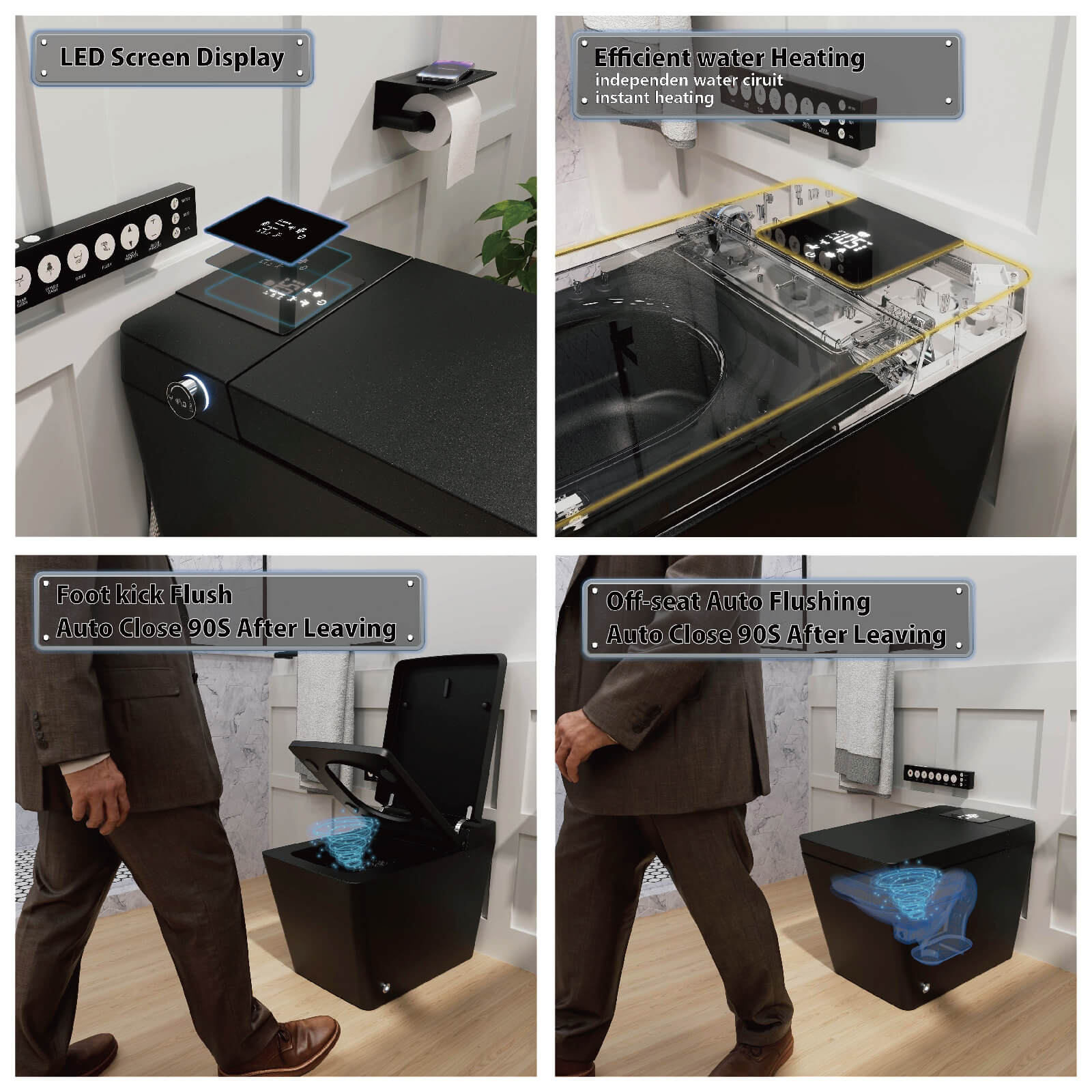 Square Smart Bidet Toilet with Water Tank, Radar Sensor, Heated Seat, Drying Function