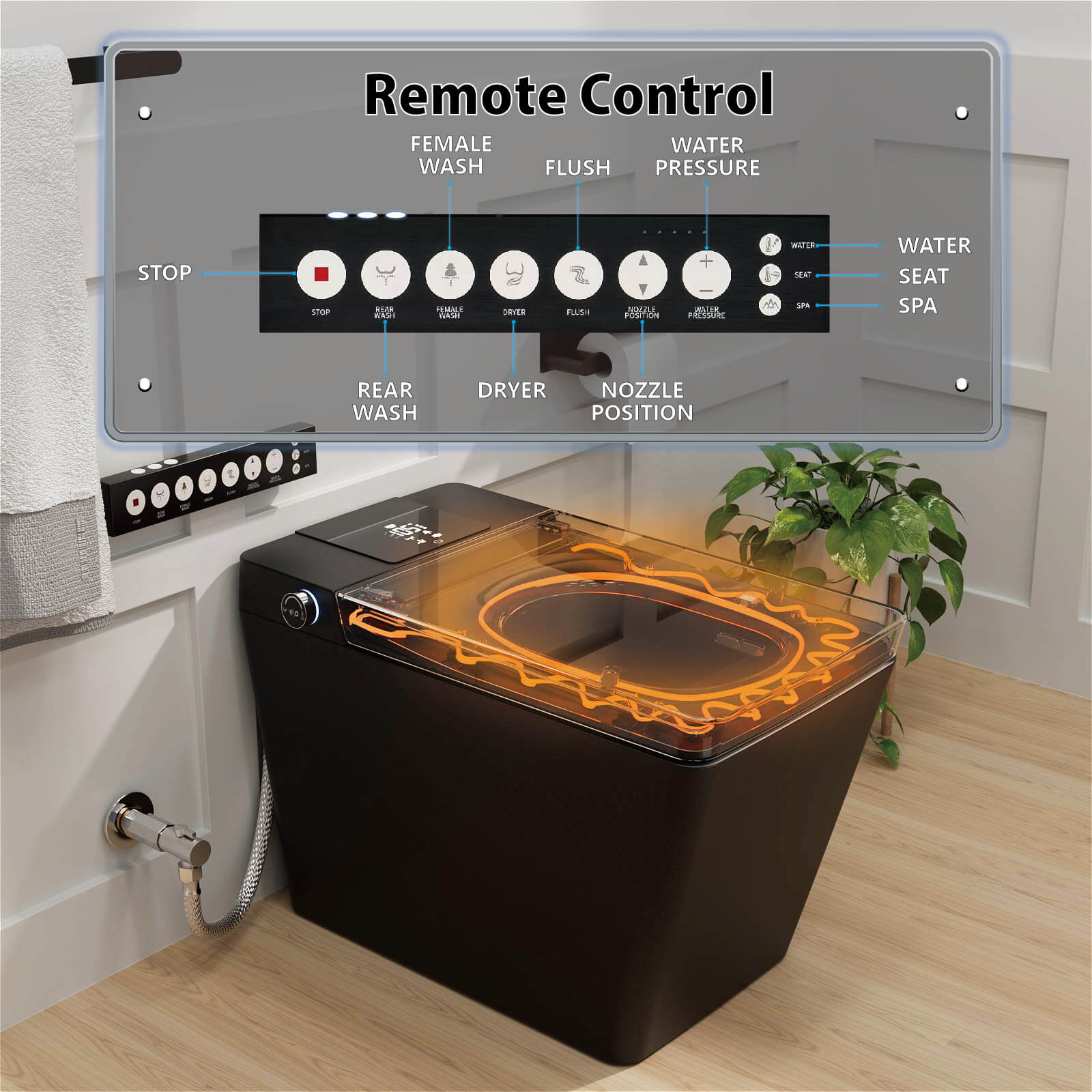 Square Smart Bidet Toilet with Water Tank, Radar Sensor, Heated Seat, Drying Function