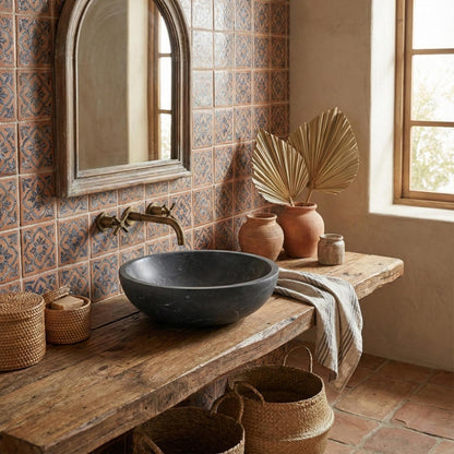 16" Dark Gray Marble Round Above-Counter Bathroom Sink