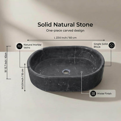 24" Matte Black Marble Oval Bathroom Vessel Sink for Vanity Countertop