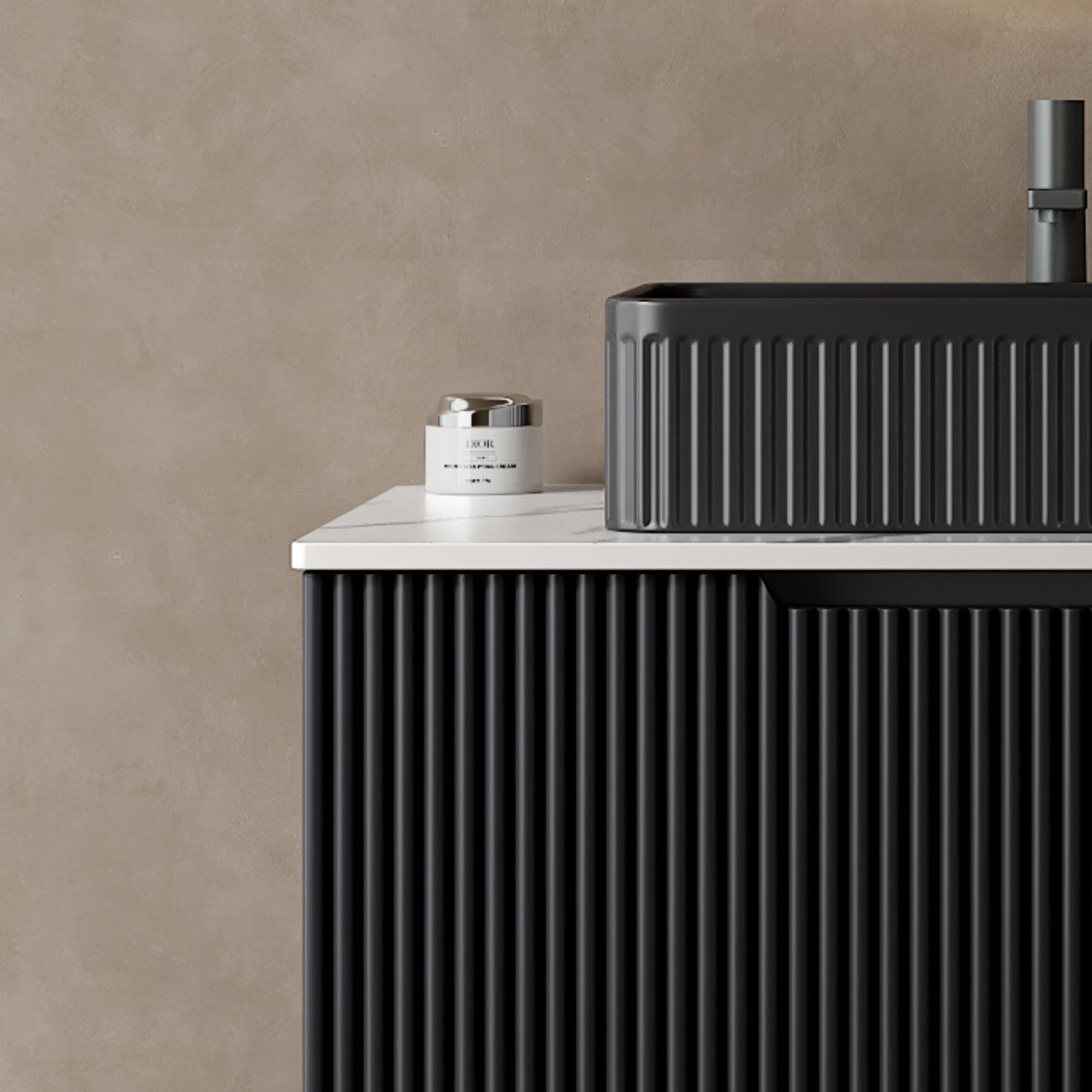 Black rectangular ceramic above-counter bathroom sink with vertical ribbed side profile and above-counter mounting style