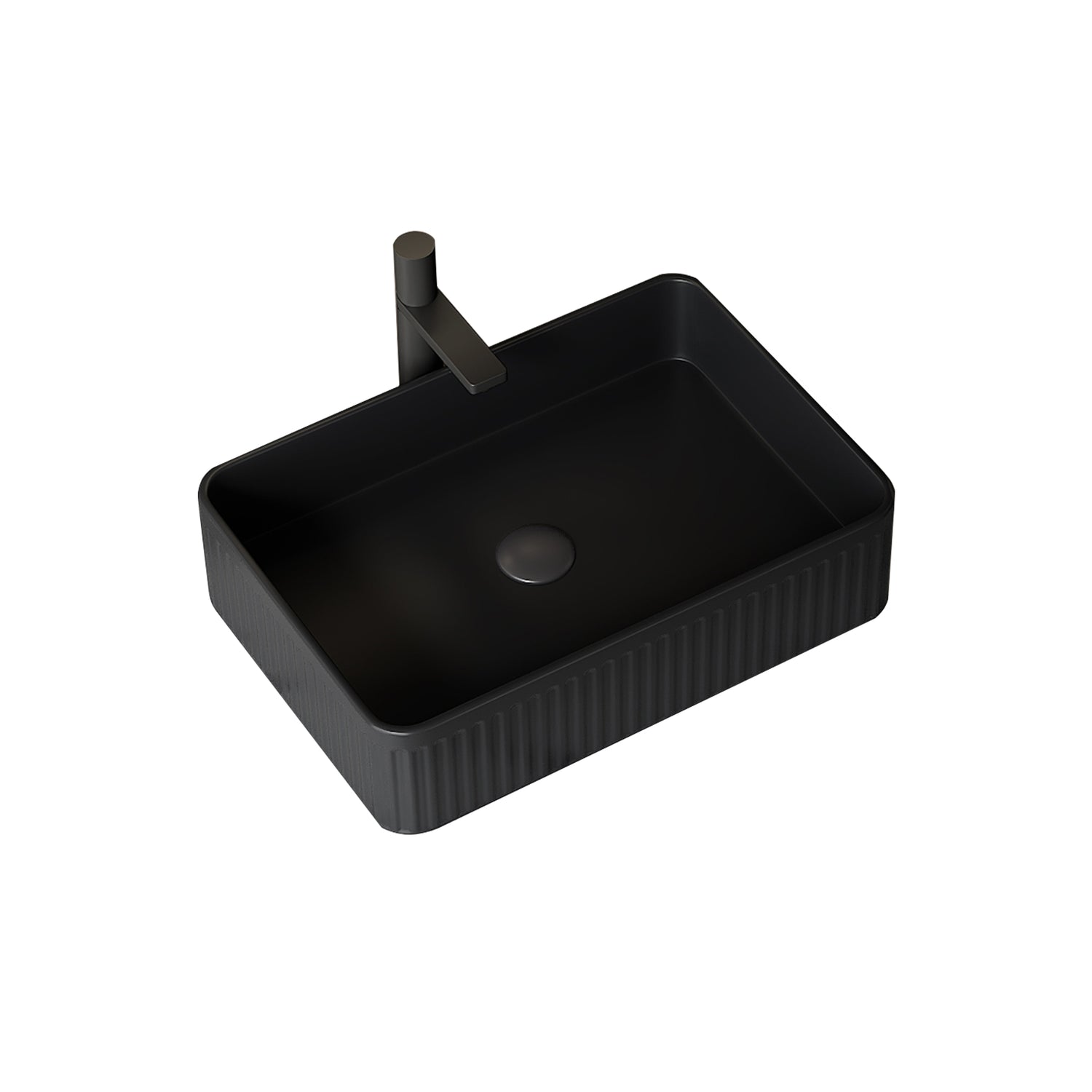 Black rectangular ceramic above-counter sink with vertical ribbed exterior, smooth interior, and centered drain hole