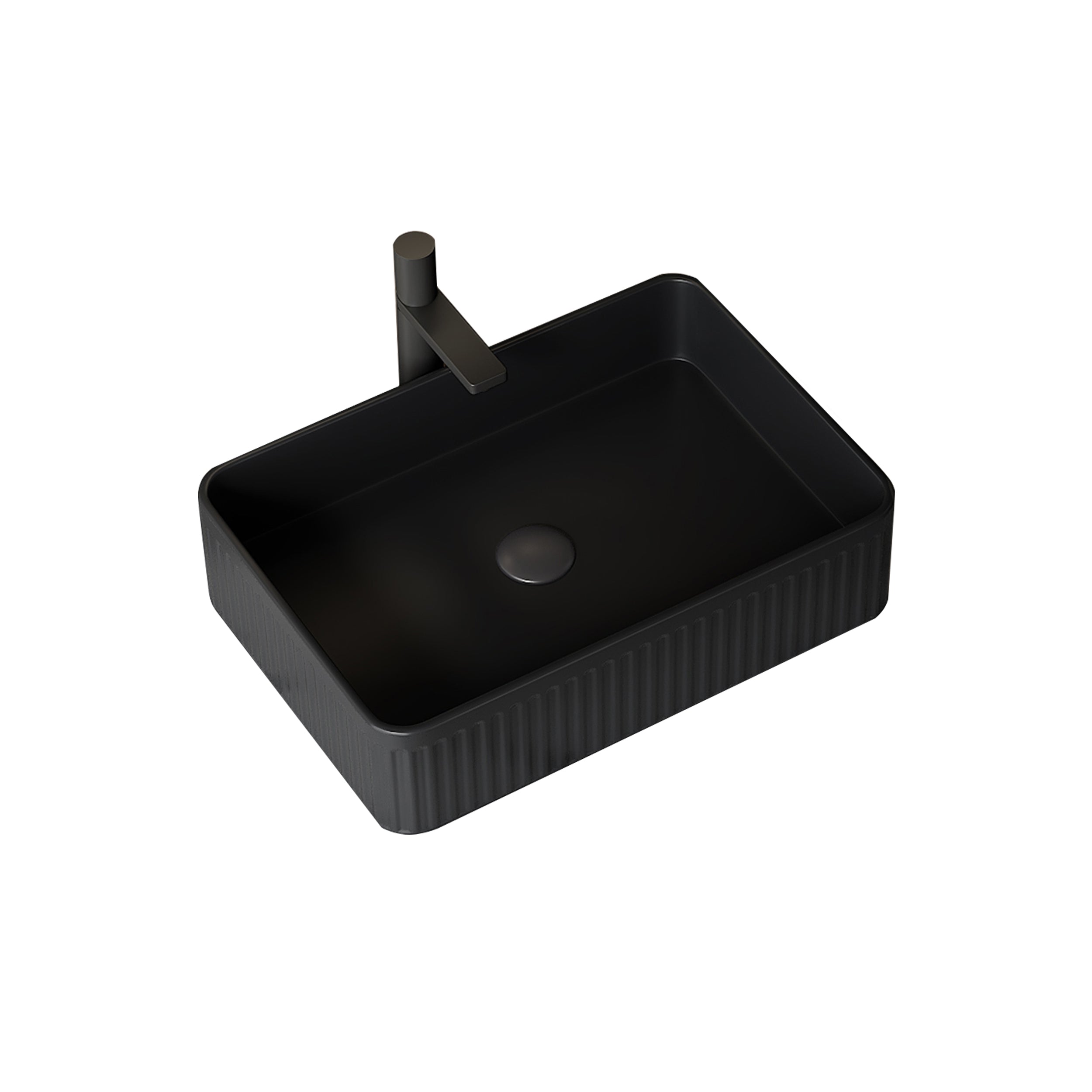 Black rectangular ceramic above-counter sink with vertical ribbed exterior, smooth interior, and centered drain hole