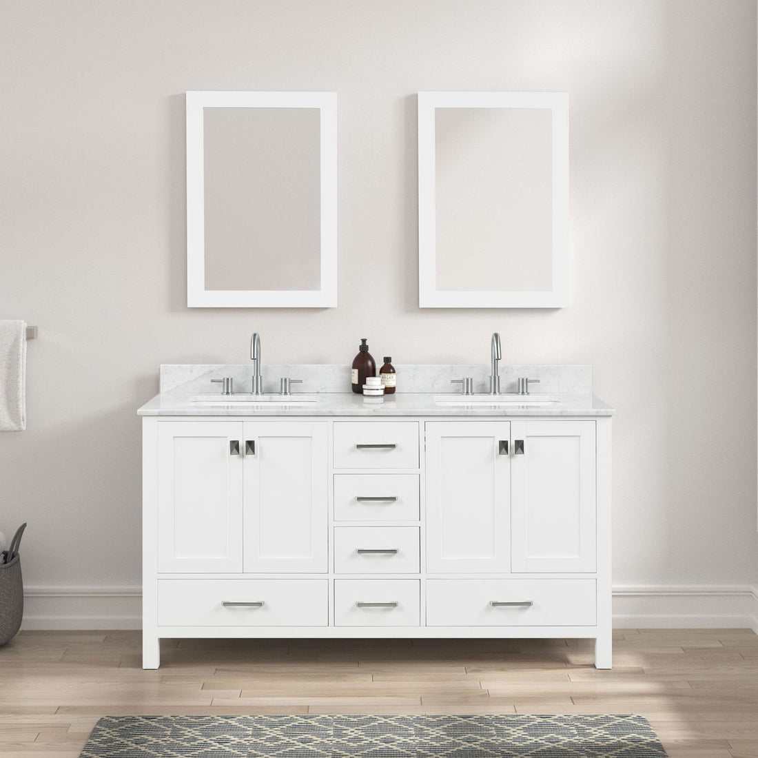 Blossom 60" White Freestanding Double Sink Vanity with Drawers and Carrara Marble Countertop